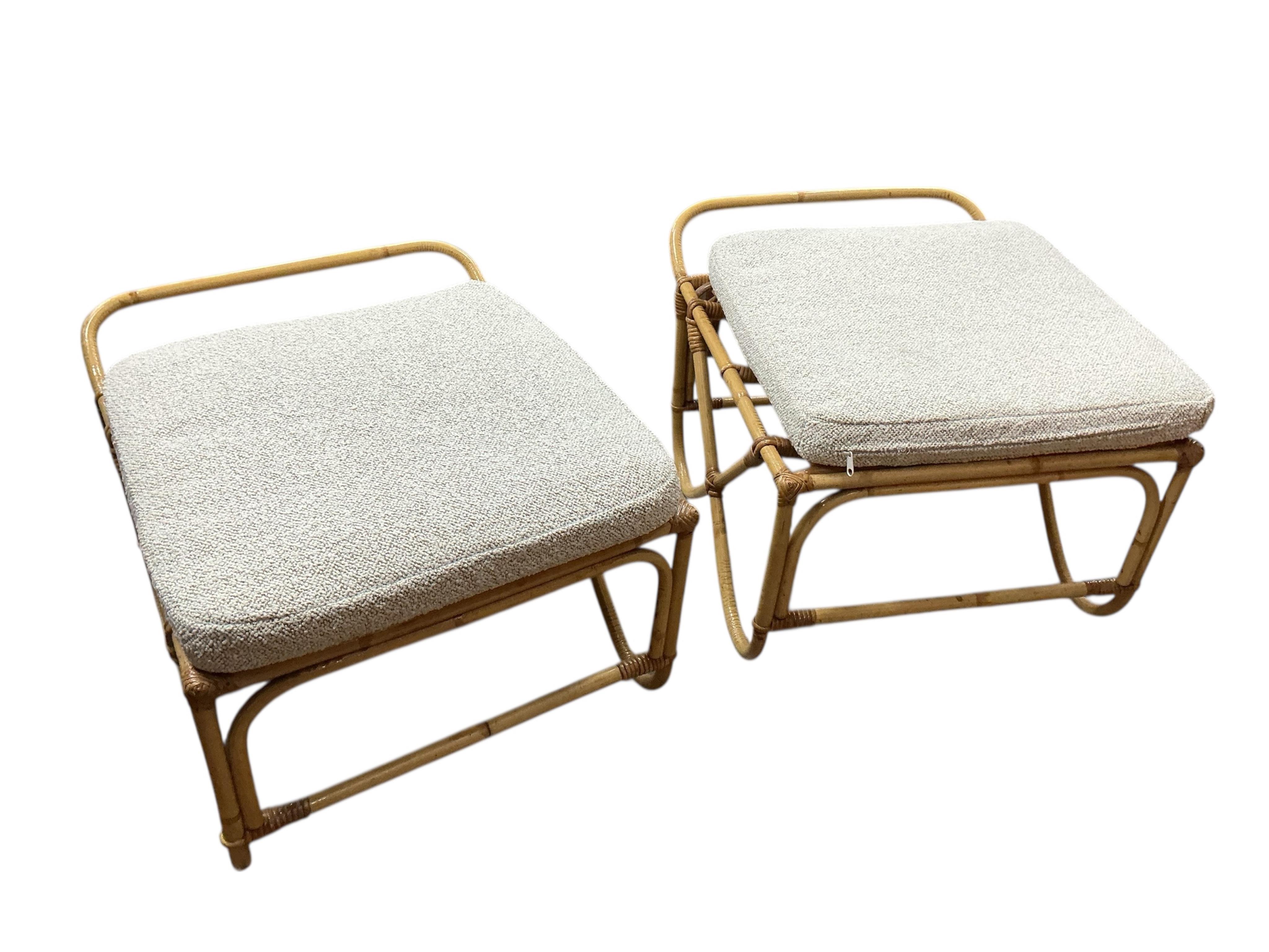 A mid century Angrave’s of Leicester “Invincible” bamboo suite comprising a pair of chairs, one brass mounted and reclining, a pair of matching footstools and a circular glass top occasional table, all with recently reup